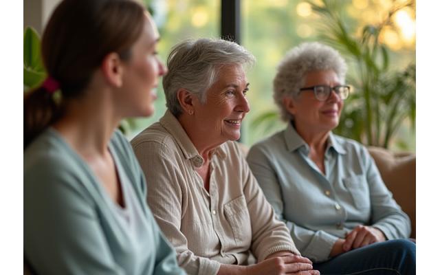 Diverse group of adults engaged in a lively, supportive discussion, symbolizing an online forum. Natural lighting, warm tones.