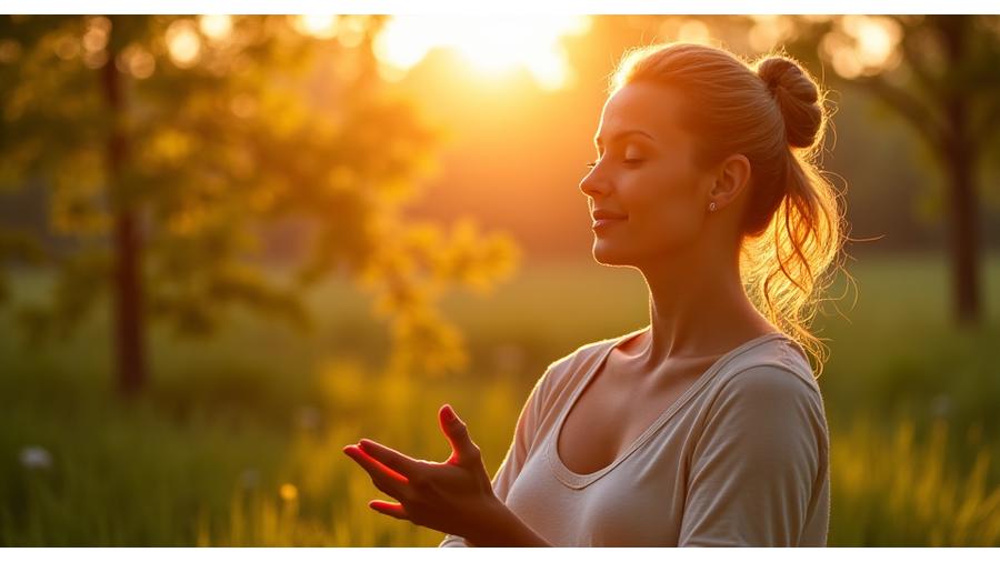 A woman practices gentle yoga outdoors as the sun rises, surrounded by soft morning light and lush green foliage.