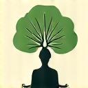 Stylized icon representing mindfulness: a person meditating under a calm, simplified tree.