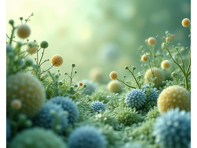 Artistic representation of a healthy gut microbiome with diverse, thriving bacteria cells.