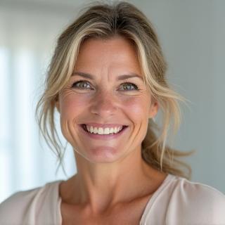 Portrait of Sarah Thompson, a smiling woman in her late 40s appearing vibrant and healthy.