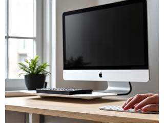 A stylish ergonomic stand-up desk converter on a wooden desk, with a laptop and monitor, in a modern home office.