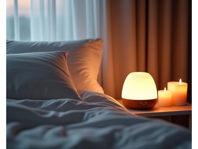 A serene bedroom scene with soft lighting, a comfortable bed, and a calming aromatherapy diffuser.