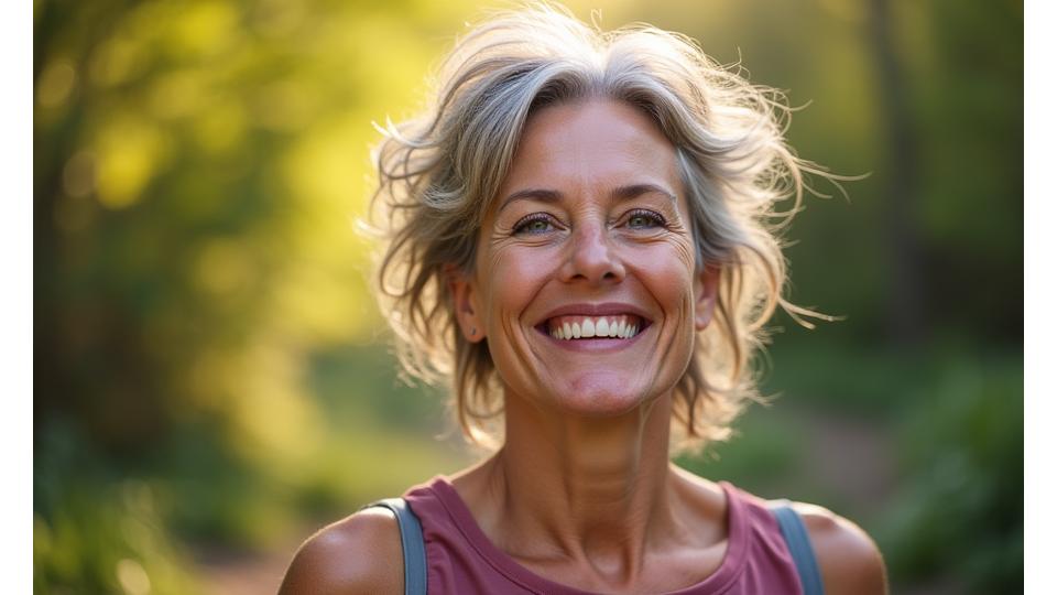 Close-up of a smiling woman in her late 40s enjoying a mindful moment in an Asheville park, with soft natural light highlighting her serene expression, surrounded by lush greenery and distant mountain peaks. She embodies health and contentment.